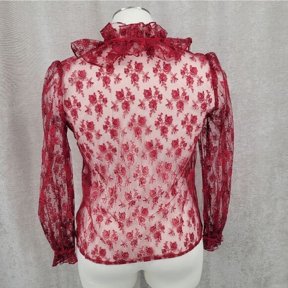 French Cherry Red See Through Lace Coquette Girl Long Sleeves Top Jacket - Picture 5 of 15